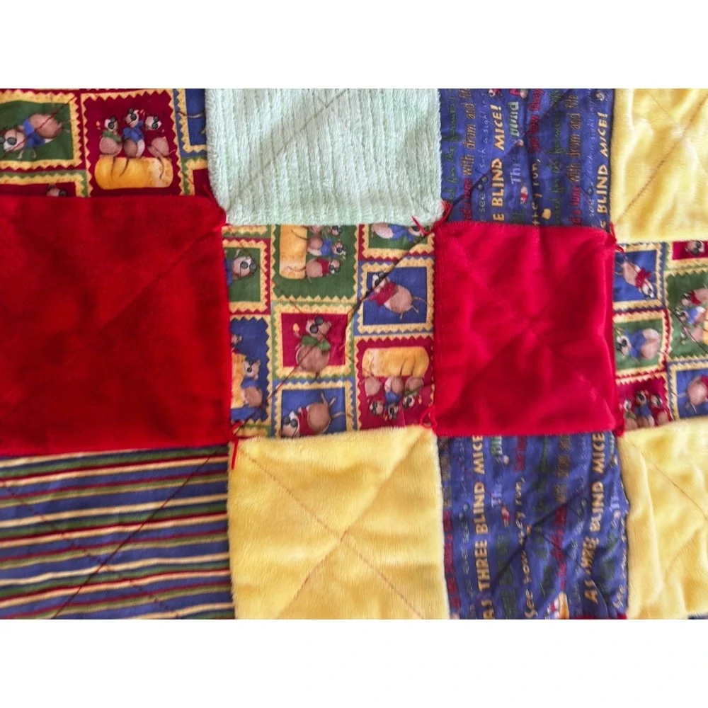 Vintage‎ Handmade Three Blind Mice Patchwork Baby Quilt Blanket Nursery Rhyme